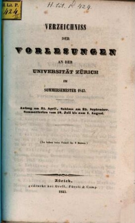 Verzeichnis der Vorlesungen, Behörden, Dozenten und Institute. 1845. SS