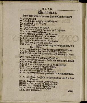 Summarien. Derer hierinnen enthaltenen Landes-Constitutionen.