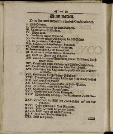 Summarien. Derer hierinnen enthaltenen Landes-Constitutionen.