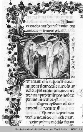 Breviarium Fratrum Minorum cum psalterio et kalendario : Textseite mit historisierter Initiale M (?): Kreuzigung des Andreas