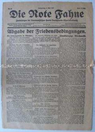 Titelblatt der kommunistischen Tageszeitung "Die Rote Fahne" u.a. zu den Friedensverhandlungen in Versailles