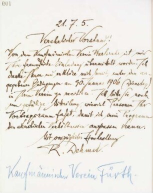 Brief an den Kaufmännischen Verein