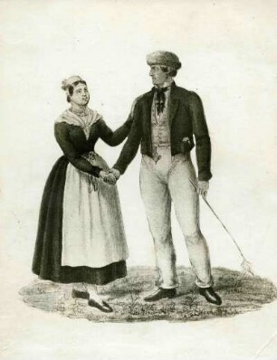 Ehepaar stehend in Volkstracht gekleidet. Zugewendet. Hand reichend. Zeichnung. Halbtotale