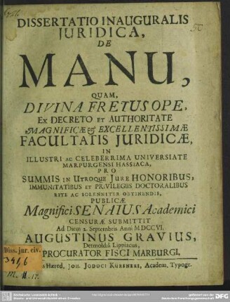 Dissertatio Inauguralis Iuridica, De Manu