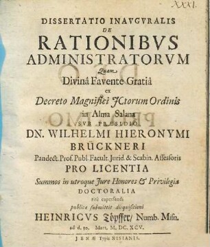 Dissertatio Inavgvralis De Rationibvs Administratorvm