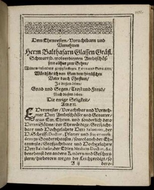 Dem Ehrnvesten/ [...] Herrn Balthasarn Glassen [...]