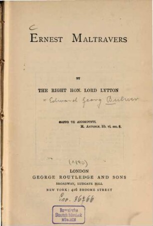 Lord Lytton's novels, 4. Ernest Maltravers. - 1840. - 388 S., 1 Taf.