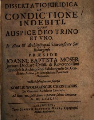 Dissertatio Juridica De Condictione Indebiti : ad Diem 20. Julij Anno reparatae salutis humanae M. DC. LXXXIII.