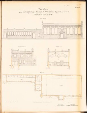 Friedrich-Wilhelm-Gymnasium, Berlin: Turnhalle und Abort: Vorder- und Seitenansicht, Schnitt, Grundriss 1:100