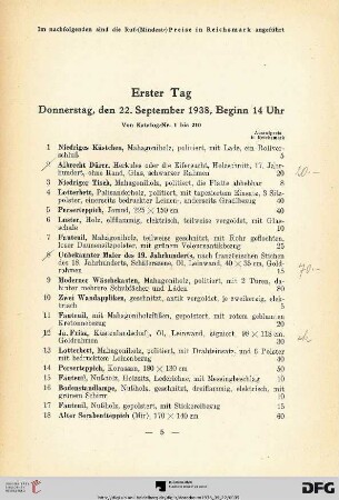 Erster Tag. Donnerstag, den 22. September 1938, Beginn 14 Uhr (Nr. 1-210)