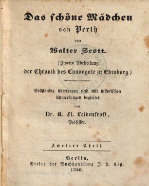 Das schöne Mädchen von Perth : (Zweite Abtheilung der Chronik des Canongate zu Edinburg), 2
