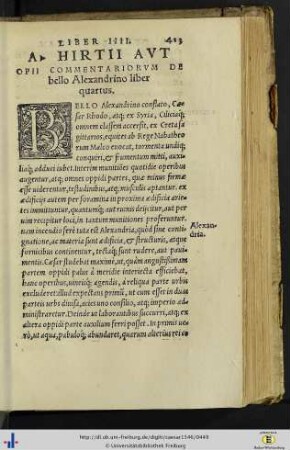 A. Hirtii aut Opii Commentariorum de bello Alexandrino liber quartus.