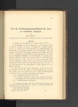 Über die Wanderungsgeschwindigkeit der Ionen in verdünnten Lösungen