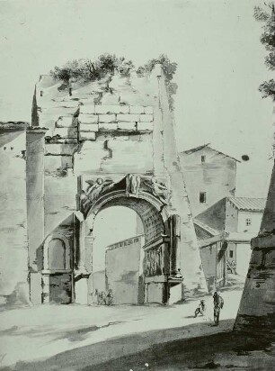 Titusbogen : Titusbogen am Forum Romanum in Rom vor der 1822 durchgeführten Entfernung der mittelalterlichen Bauteile