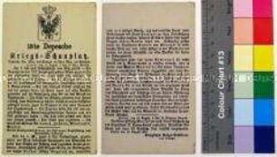 Gedruckte Kriegsdepesche vom Königlichen Polizei-Präsidium über die Kriegsereignisse vom 14.-15.8.1870 vor Metz während des Deutsch-Französischen Krieges