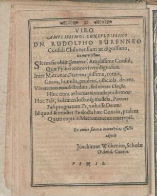 Viro Amplissimo, Consvltissimo Dn. Rudolpho Bürenneo ... [Beiträger: Joachimus Wilkenius.]