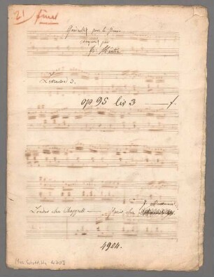 Les jeunes compagnes: livre 3, pf, fl (vl), op. 95/3, F-Dur - BSB Mus.Schott.Ha 4703 : [title on p. 1:] Quadrilles pour le Piano. // composés par // Fr. Hünten // Livraison 2. // [publisher's addition: op: 95 - liv 3 f] // Londres chez Cappell - Paris chez [crossed out: Schonenberger] J. Meissonnier.