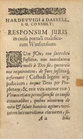 Hardevvici à Dassell Responsvm Juris, In Causa Poenali Maleficarum VVinsiensium. Pro Defensione Innoxiarvm, Et Condemnatione nocentum ...