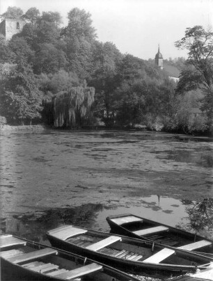 Tharandt. Blick über den Schloßteich nach Nordosten gegen Burgruine und Stadtkirche