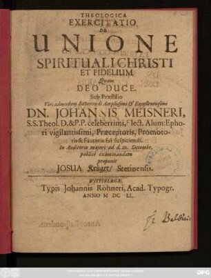 Theologica Exercitatio De Unione Spirituali Christi Et Fidelium