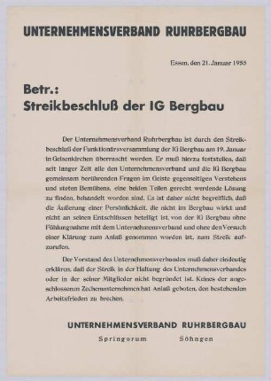 "Streikbeschluß der IG Bergbau"