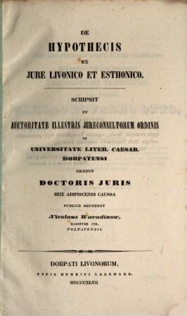 De hypothecis ex iure Livonico et Esthonico