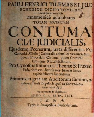 Pauli Henrici Tilemanni Schedion dichotomicum, brevissimis membris mnemonice adumbrans totam materiam contumaciae iudiciales ...