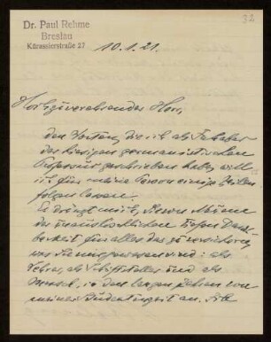 Brief von Paul Rehme an Otto von Gierke, Breslau, 10.1.1921