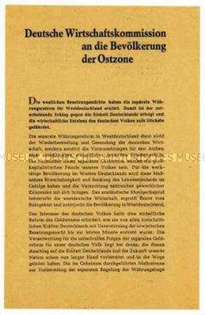Informationsblatt der Deutschen Wirtschaftskommission für die sowjetische Besatzungszone zur Währungsreform der Westzonen 1948