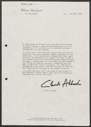 Kurzer Text von Claudio Abbado über Carnegie Hall