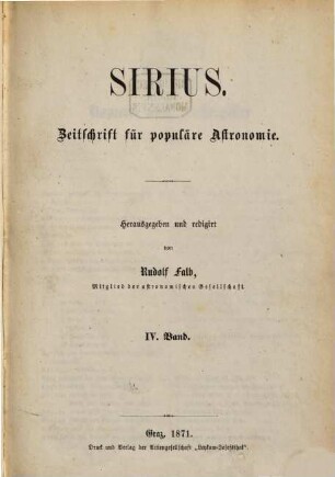 Sirius : Rundschau der gesamten Sternforschung. 4, 4. 1871