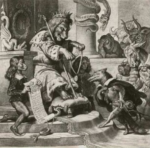 Kaulbach, Wilhelm von. Illustration zu Reineke Fuchs von Johann Wolfgang v. Goethe. Reineke wird von König Nobel öffentlich zum Baron und Kanzler ernannt