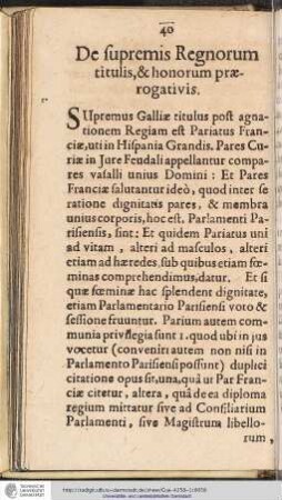 De supremis Regnorum titulis, & honorum praerogativis