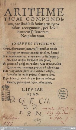 Arithmeticae compendium : pro studiosis huius artis tyronibus recognitum