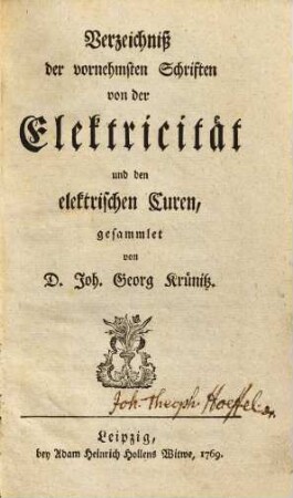 Verzeichniß der vornehmsten Schriften von der Electricität und den elektrischen Curen