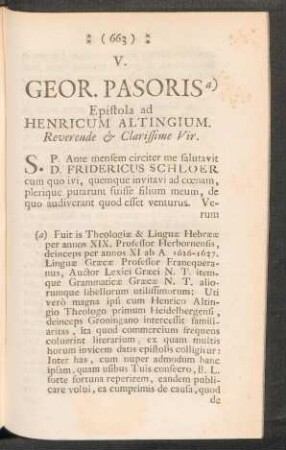 V. - GEOR. PASORIS Epistola ad HENRICUM ALTINGIUM