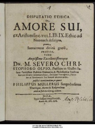 Disputatio Ethica De Amore Sui, ex Aristotelis c. viii. Lib. IX. Ethic. ad Nicomach. descripto