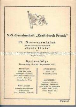 Speiseplan und Tagesprogramm für den 16. September - Sachkonvolut