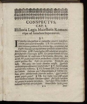 Conspectus. Cap. I. Historia Legis Maiestatis Romani usque ad Arcadium Imperatorum – Cap. IV. De iure puniendi silentium in crimine maiestatis