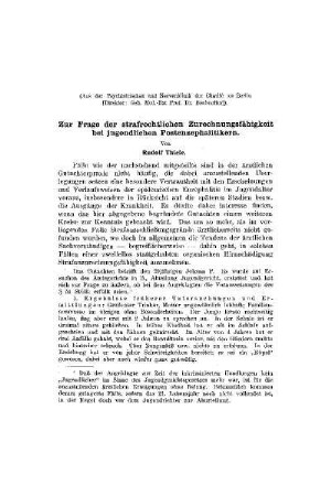 Zur Frage der strafrechtlichen Zurechnungsfähigkeit bei jugendlichen Postenzephalitikern