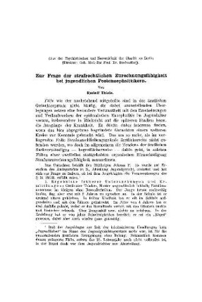 Zur Frage der strafrechtlichen Zurechnungsfähigkeit bei jugendlichen Postenzephalitikern