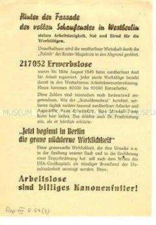 Propagandaflugblatt des FDGB Groß-Berlin zur Arbeitslosigkeit in den Westsektoren
