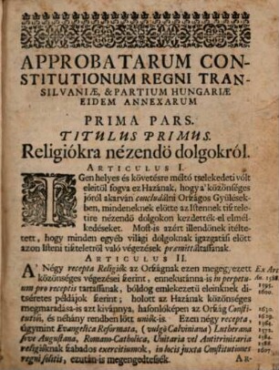 Approbatae Constitutiones Regni Transylvaniae & Partium Hungariae Eidem Annexarum