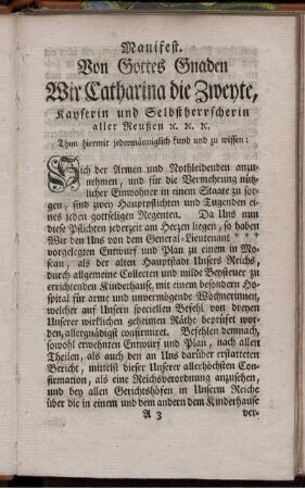 Manifest. Von Gottes Gnaden Wir Catharina die Zweyte, Kayserin und Selbstherrscherin aller Reußen