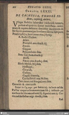 Curatio LXXXI. [Curatio LXXXIV.] De Cachexia, Tumore Pedum, capitisq[ue] dolore