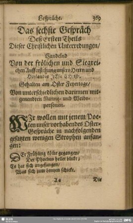 Das sechste Gespräch Deß Ersten Theils Dieser Christlichen Unterredungen, Handelnd Von der frölichen und Siegreichen Aufferstehung unsers Herrn und Heylandes Jesu Christi