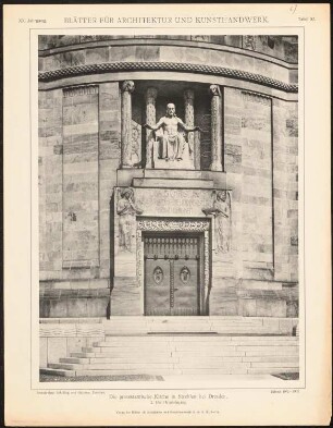 Protestantische Kirche, Dresden-Strehlen: Ansicht Haupteingang (aus: Blätter für Architektur und Kunsthandwerk, 20. Jg., 1907, Tafel 92)