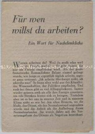 Theoretische Schrift des SPD-Zentralausschusses zum Wesen der Arbeit im Sozialismus