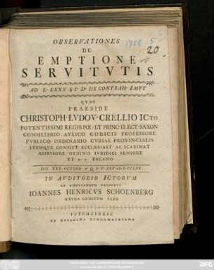 Observationes De Emptione Servitvtis : Ad L. LXXX. §. I. D. De Contrah. Empt