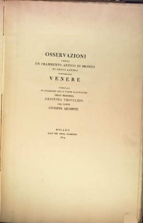 Osservazioni sopra un frammento antico de bronzo di greco lavoro rappresent. Venere